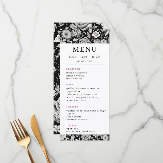真夜中の開花：暗いフローラエレガントな結婚式 メニュー (正面/裏面インサイチュ)