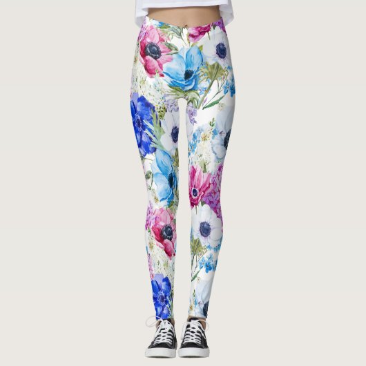 真夜中の青い紫色の水彩画の花模様 レギンス (正面)