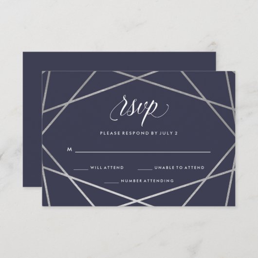 真夜中の青い銀製の幾何学的な|バルミツワーRSVP 出欠カード (正面/裏面)