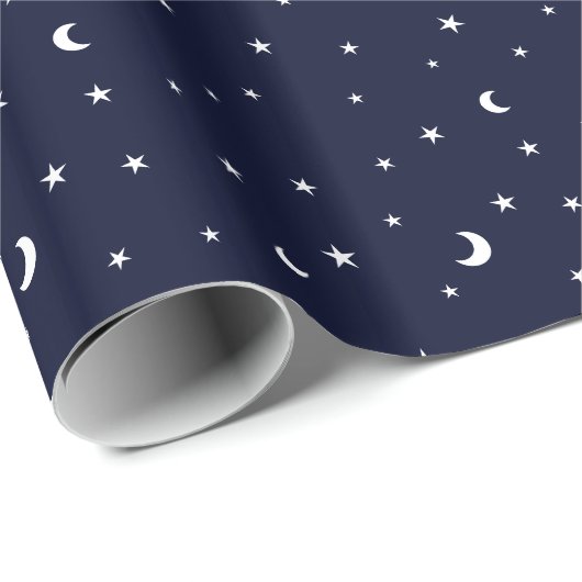 真夜中の青く小さい月および星の紙 ラッピングペーパー (ロールコーナー)