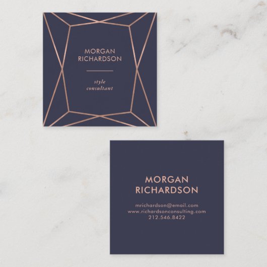 真夜中の青で幾何学的なのどのばら色の金ゴールド スクエア名刺 (正面/裏面)