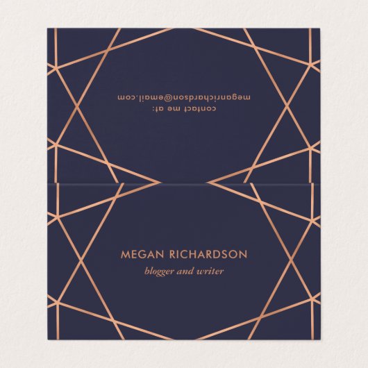 真夜中の青で幾何学的なモダンなのどのばら色の金ゴールド 名刺 (外部フラット)