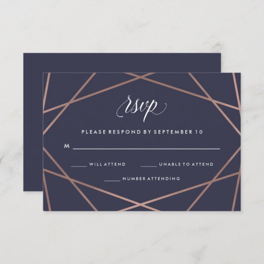 真夜中の青の幾何学的なダイヤモンド結婚式RSVP 出欠カード (正面/裏面)