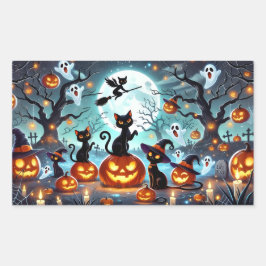 真夜中の魔法：黒猫とカボチャのハロウィン  長方形シール