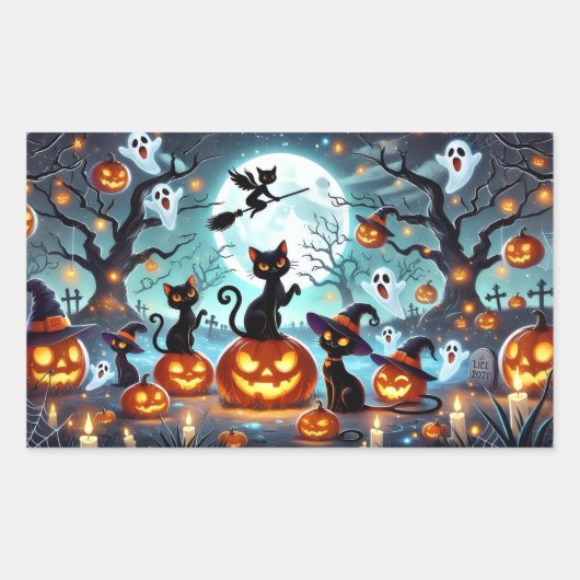 真夜中の魔法:黒猫とカボチャのハロウィン 長方形シール (正面)