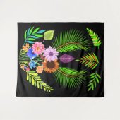 真夜中葉の花と植物花オンブラック タペストリー (正面(横))