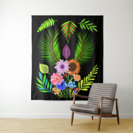 真夜中葉の花と植物花オンブラック タペストリー