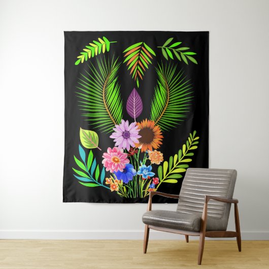 真夜中葉の花と植物花オンブラック タペストリー (インサイチュ)