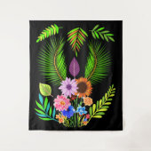 真夜中葉の花と植物花オンブラック タペストリー (正面)