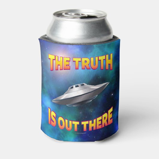 真実が出ている – ソーサー飛んでいるUFO銀河系 缶クーラー (缶裏面)