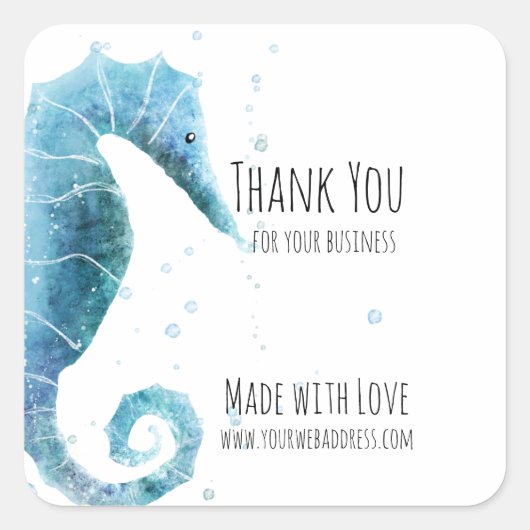 真心を込めて | Water Color Sea Horse Thank スクエアシール (正面)