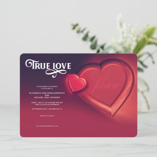 真愛、ふたつのハート、赤い結婚式招待状 案内状 (スタンド正面)