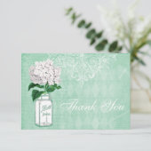 真新しいぼろぼろのシックな瓶及びアジサイは結婚式感謝していしています サンキューカード (スタンド正面)