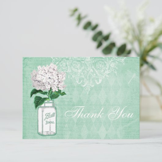 真新しいぼろぼろのシックな瓶及びアジサイは結婚式感謝していしています サンキューカード (スタンド正面)