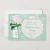 真新しいぼろぼろのシックな瓶及びアジサイは結婚式感謝していしています サンキューカード (裏面)