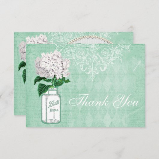 真新しいぼろぼろのシックな瓶及びアジサイは結婚式感謝していしています サンキューカード (正面/裏面)