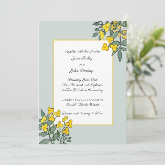 真新しいアクセントの招待状が付いている黄色い花 招待状 (スタンド正面)