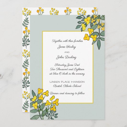 真新しいアクセントの招待状が付いている黄色い花 招待状 (正面/裏面)