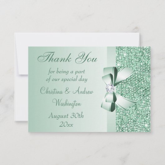 真新しいスパンコール、弓及びダイヤモンドは結婚式感謝していしています サンキューカード (裏面)