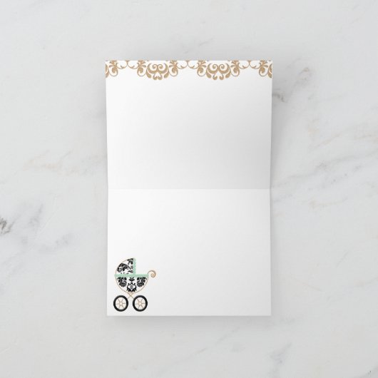 真新しいダマスク織の乳母車のシャワーは感謝していしています サンキューカード (内部)