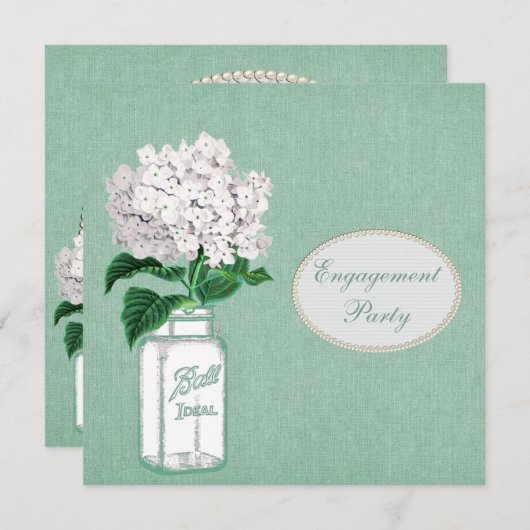 真新しいバーラップ、メーソンジャー及びアジサイの婚約 招待状 (正面/裏面)