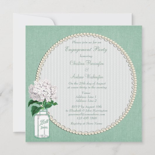 真新しいバーラップ、メーソンジャー及びアジサイの婚約 招待状 (裏面)