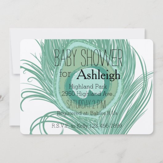 真新しい孔雀の羽のベビーシャワー 招待状 (正面)