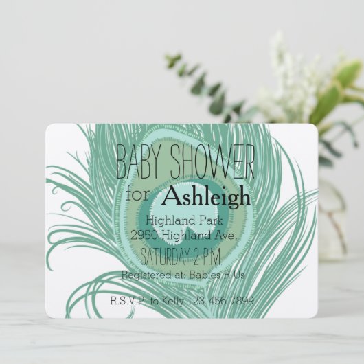 真新しい孔雀の羽のベビーシャワー 招待状 (スタンド正面)