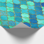 真新しい水のティール(緑がかった色)の金ゴールドの東洋のモロッコのタイルパターン ラッピングペーパー (コーナー)