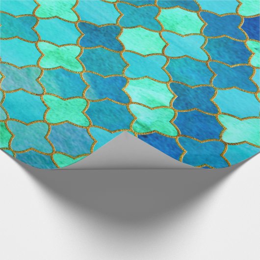 真新しい水のティール(緑がかった色)の金ゴールドの東洋のモロッコのタイルパターン ラッピングペーパー (コーナー)