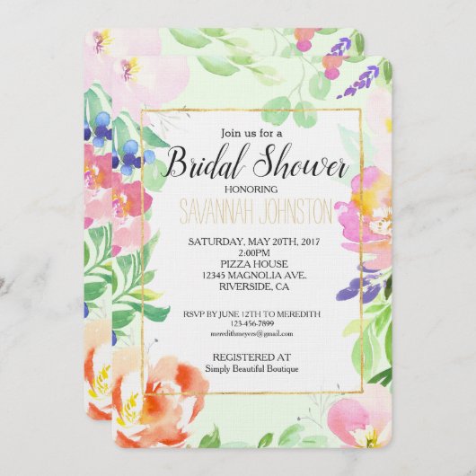 真新しい水彩画の花柄のブライダルシャワー 招待状 (正面/裏面)