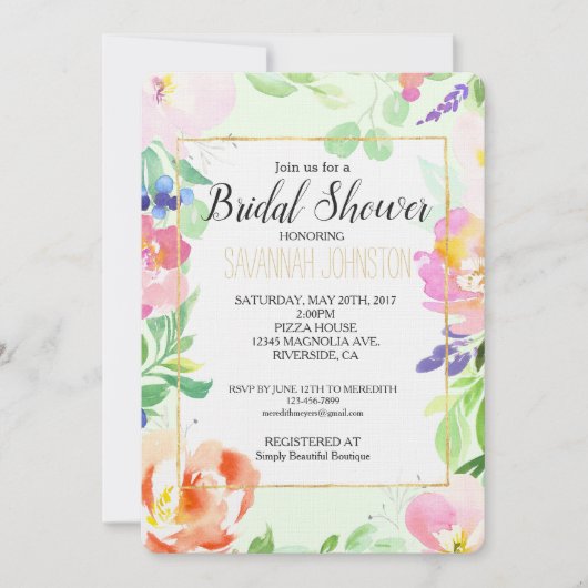 真新しい水彩画の花柄のブライダルシャワー 招待状 (正面)