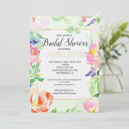 真新しい水彩画の花柄のブライダルシャワー 招待状 (スタンド正面)