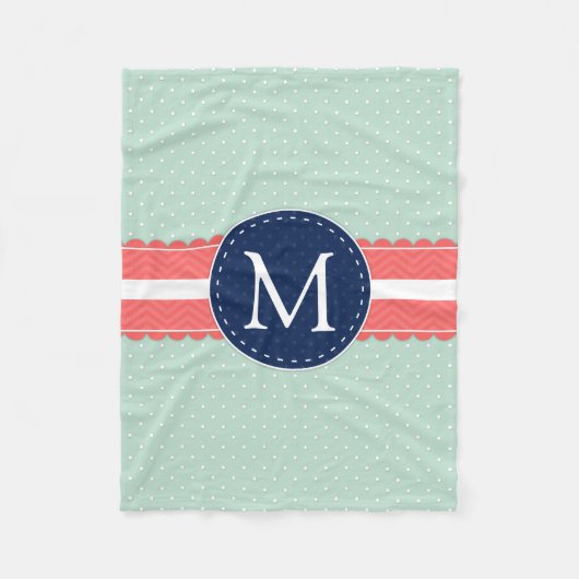 真新しい水玉模様パターン珊瑚の濃紺のモノグラム フリースブランケット (正面)