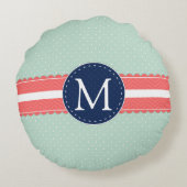 真新しい水玉模様パターン珊瑚の濃紺のモノグラム ラウンドクッション (裏面)