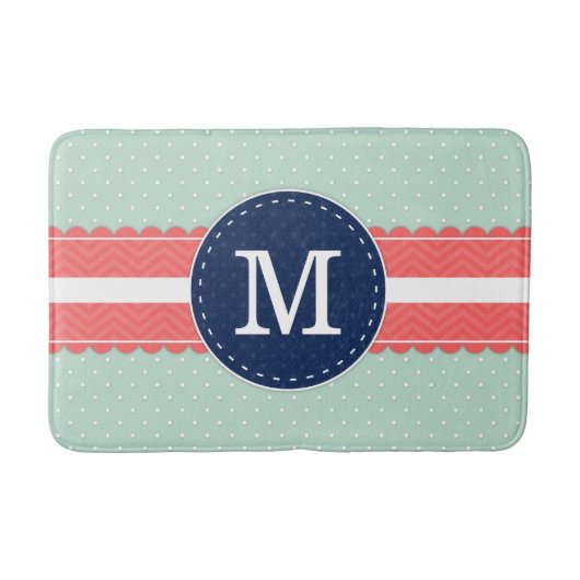 真新しい水玉模様パターン珊瑚の濃紺のモノグラムPi バスマット (正面)