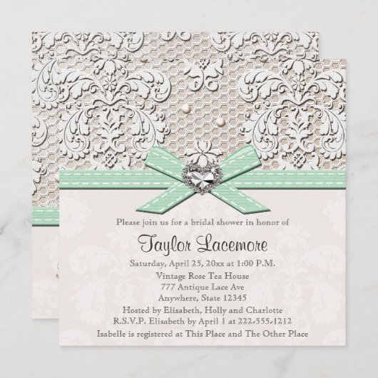 真新しい真珠のレースのダイヤモンドのブライダルシャワーの招待状 招待状 (正面/裏面)