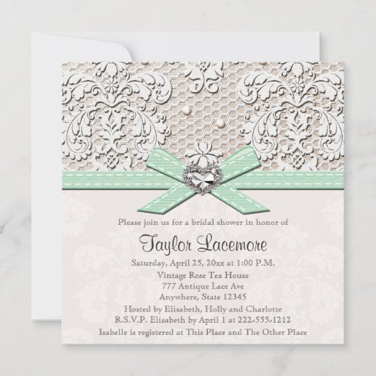 真新しい真珠のレースのダイヤモンドのブライダルシャワーの招待状 招待状 (正面)