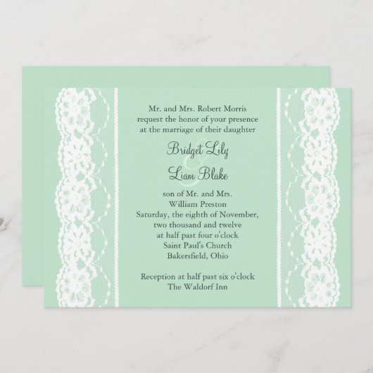 真新しい緑およびヴィンテージのレースの結婚式招待状 招待状 (正面/裏面)