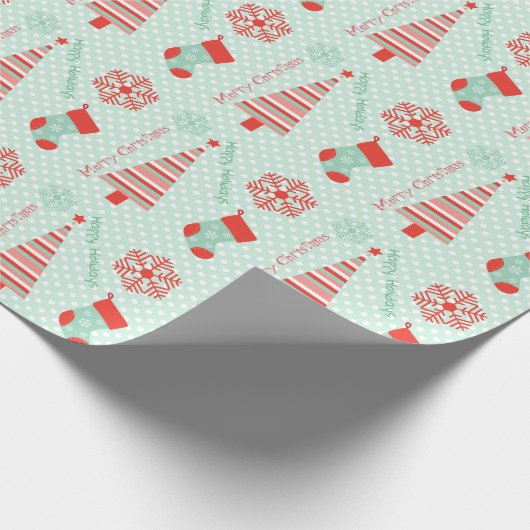 真新しい緑および珊瑚のクリスマスの包装紙 ラッピングペーパー (角)