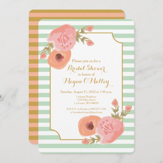 真新しい緑および珊瑚の花の招待状 招待状 (正面/裏面)