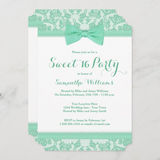 真新しい緑および白人のレースの弓菓子16のパーティー 招待状 (正面/裏面)