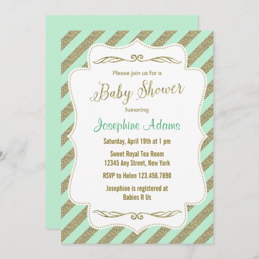 真新しい緑および金ゴールドのグリッターのベビーシャワーの招待状 招待状 (正面/裏面)