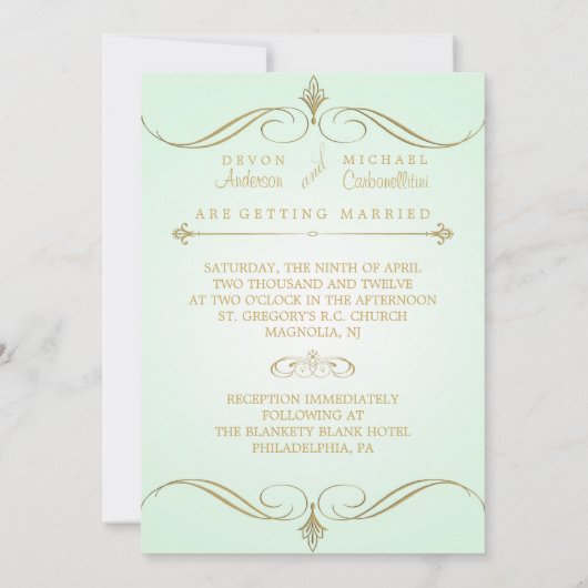 真新しい緑および金ゴールドの渦巻の結婚式招待状 招待状 (裏面)
