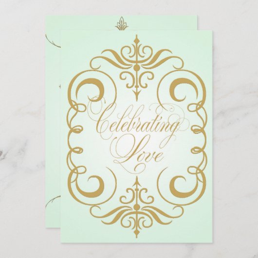 真新しい緑および金ゴールドの渦巻の結婚式招待状 招待状 (正面/裏面)