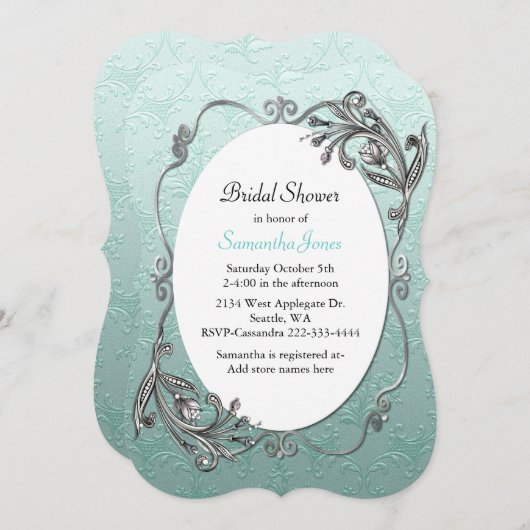 真新しい緑および銀製のブライダルシャワーの招待状 招待状 (正面/裏面)