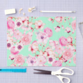 真新しい緑のガーリーな赤面のピンクの花柄 薄葉紙 (クラフト)