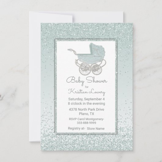 真新しい緑のグリッターのベビーシャワーの招待状 招待状 (正面)