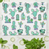 真新しい緑のサボテン及び水気が多い植物パターン キッチンタオル (折り畳み)