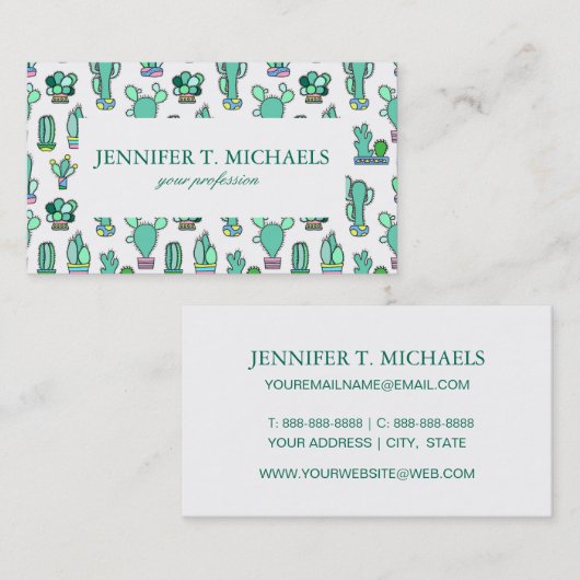 真新しい緑のサボテン及び水気が多い植物パターン 名刺 (正面/裏面)